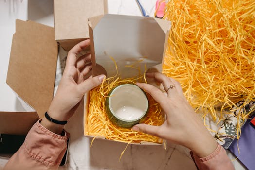 Student packing handmade crafts for shipping