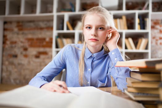 student studying with books